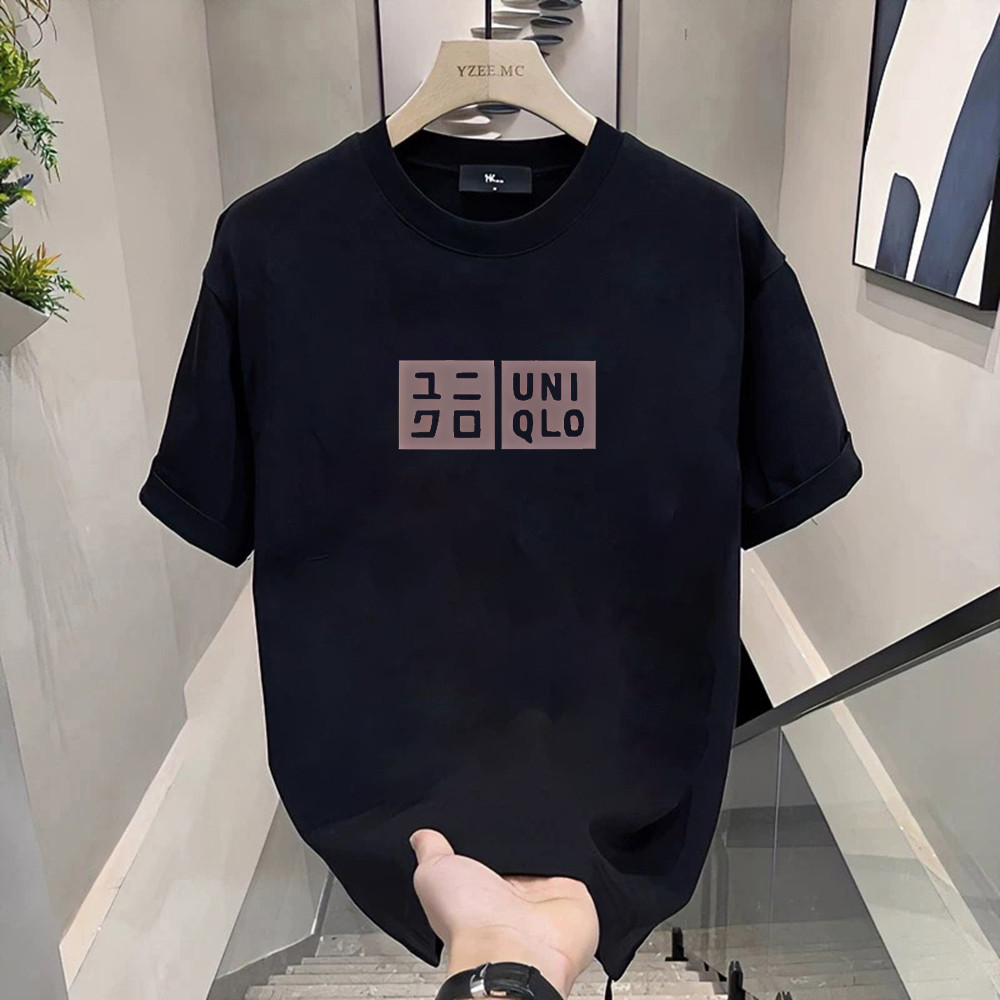เสื้อยืดสไตล์ดิสโทร ผ้าฝ้ายคอมบ์ 24S แขนสั้น ยูนิเซ็กซ์ สำหรับผู้ชายและผู้หญิง ลาย Uni Qlo Blok