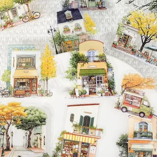 P PET Sticker Pack Town Time Series Building ภูมิทัศน์คู่มือ Creative ตกแต่งวัสดุสติกเกอร์ 15 แผ่น 6 รูปแบบ