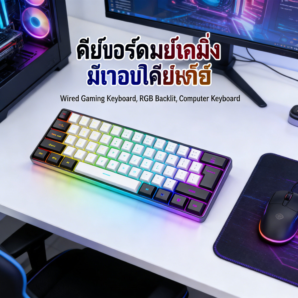 คีย์เบอร์ดเกมมิ่ง RGB 61 คีย์ USB-C ซอฟท์แป้นพิมพ์เมมเมอร์ง รัดกะทัด