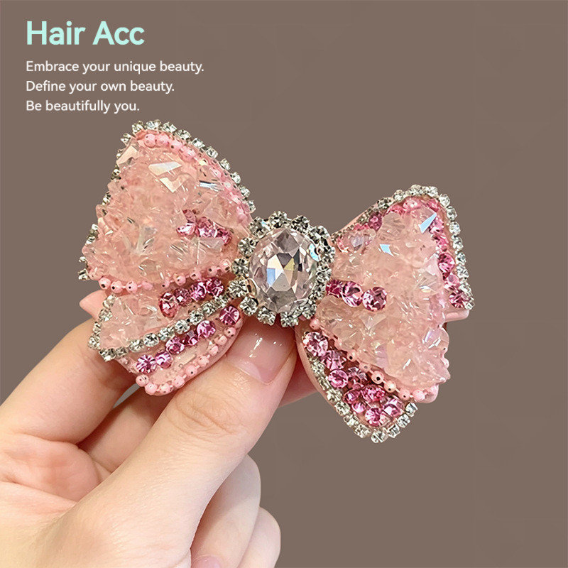 Sweet Girly Full Diamond Bow Side Hairpin Bangs Clip All-Match Duckbill Clip เครื่องประดับผม
