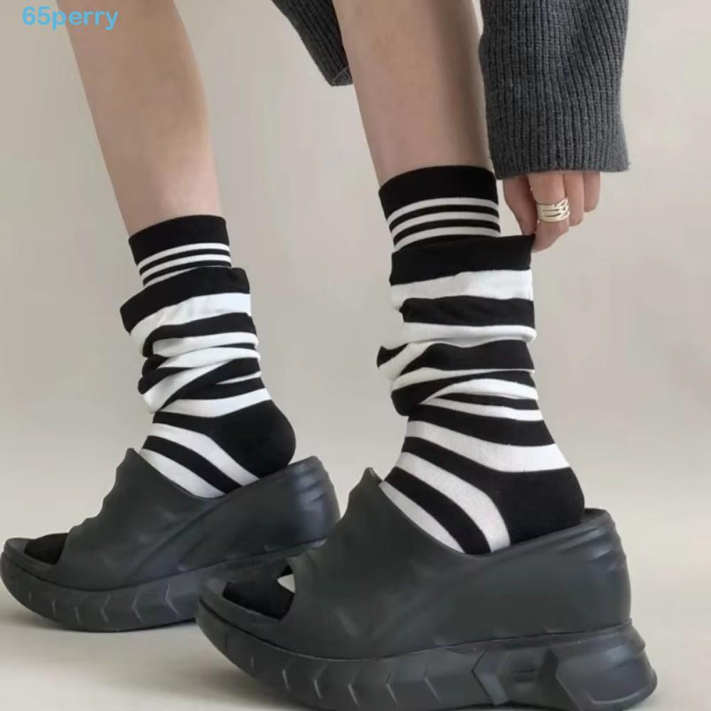 PERRY 4 คู่ Ruffle Stripe Stocking, Patchwork หลวมลาย Pile ถุงเท้า, Heap ถุงเท้า Warm สบายนุ่มผู้หญิ