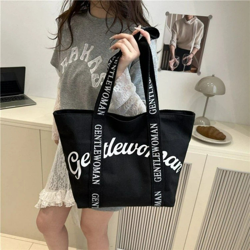 Classic Canvas Tote Bag Minimalist Letter Print Large Shopper - กระเป๋าสะพายอเนกประสงค์และแข็งแรงสําหรับผู้หญิง