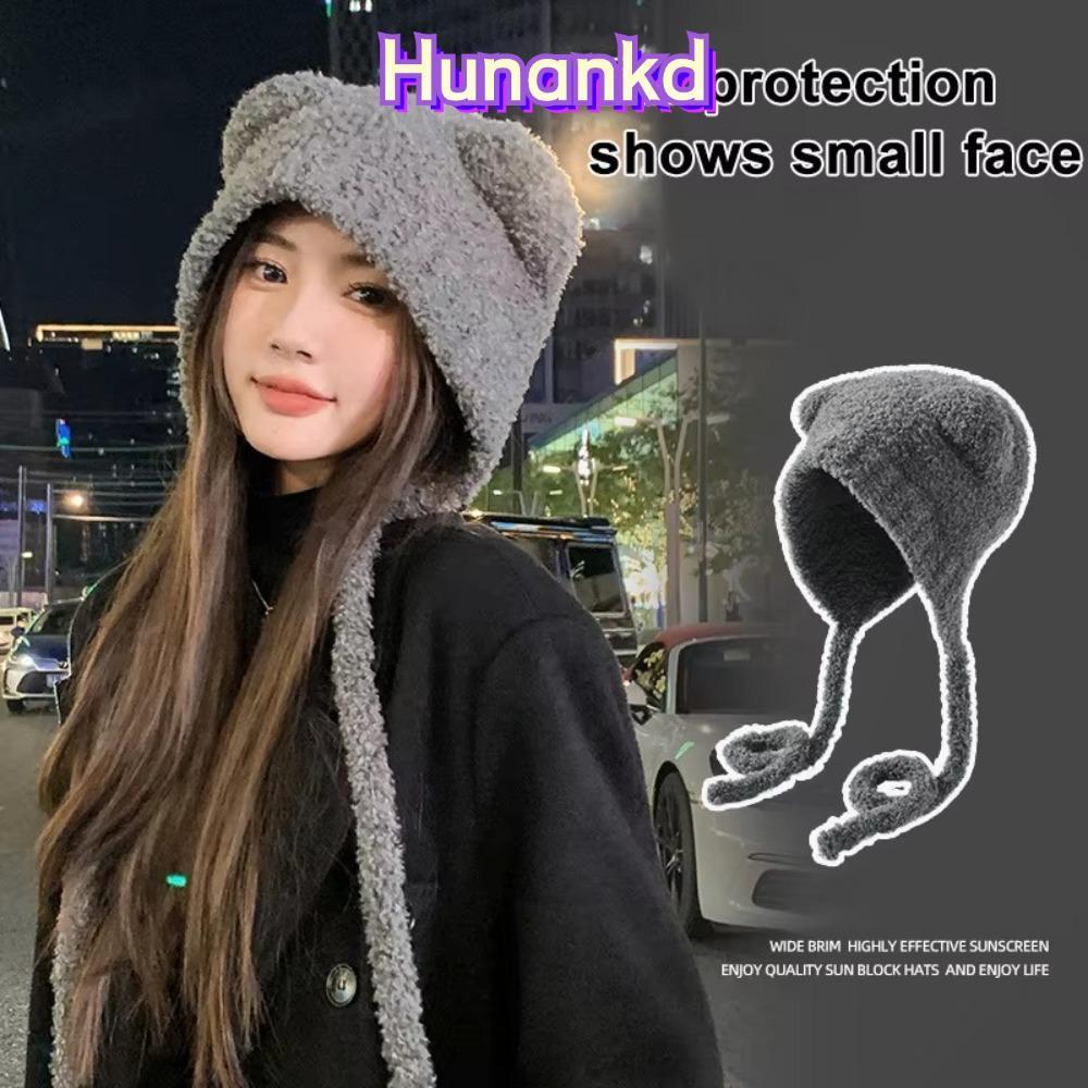Hunan Bear หูหมวกขนสัตว์ หมวกบอมเบอร์ถัก ไหมพรมหูหมี ดีไซน์ยุค Y2K ผูกเชือกอบอุ่น
