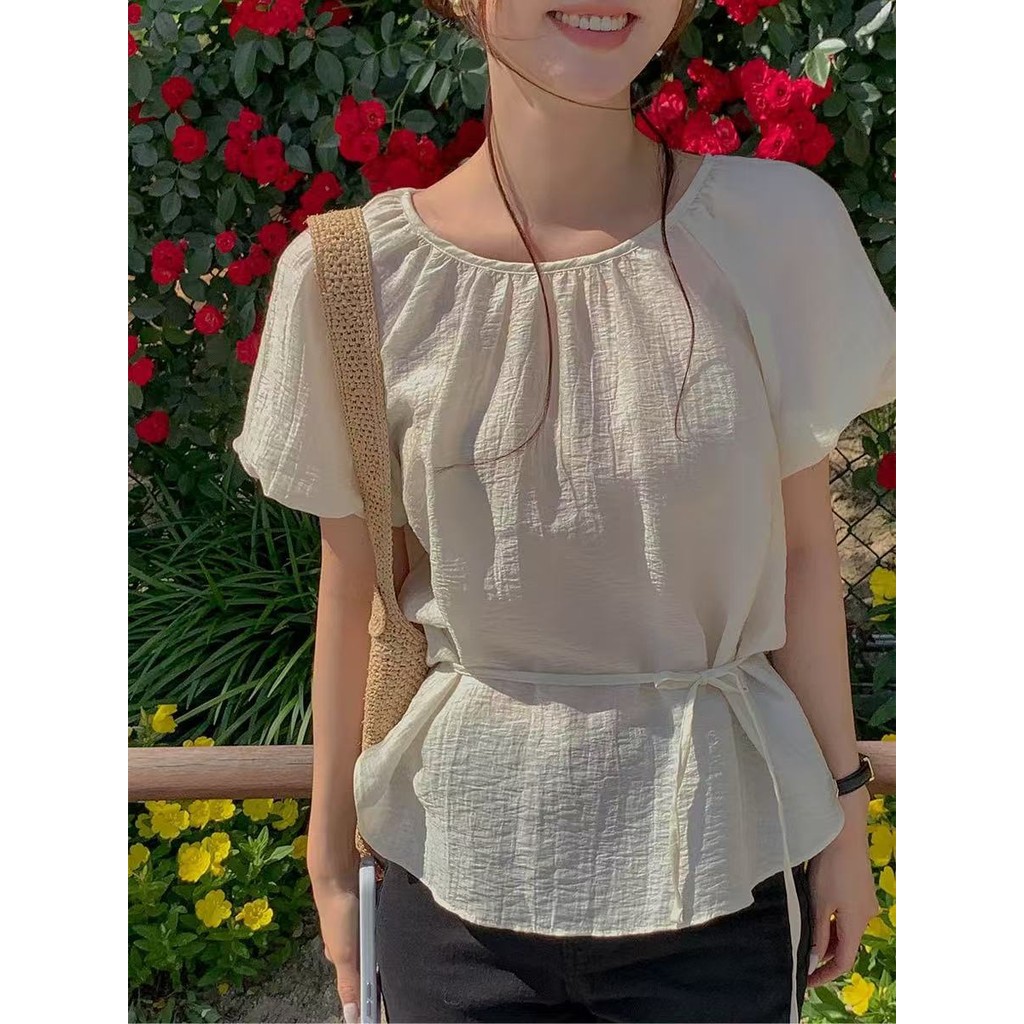 เวอร์ชั่นเกาหลีฤดูร้อนฝรั่งเศสแสงผู้ใหญ่อารมณ์อ่อนโยนรอบคอเนื้อย่นลูกไม้ขึ้นแคบ-เอวเสื้อชีฟองท็อปส์ต