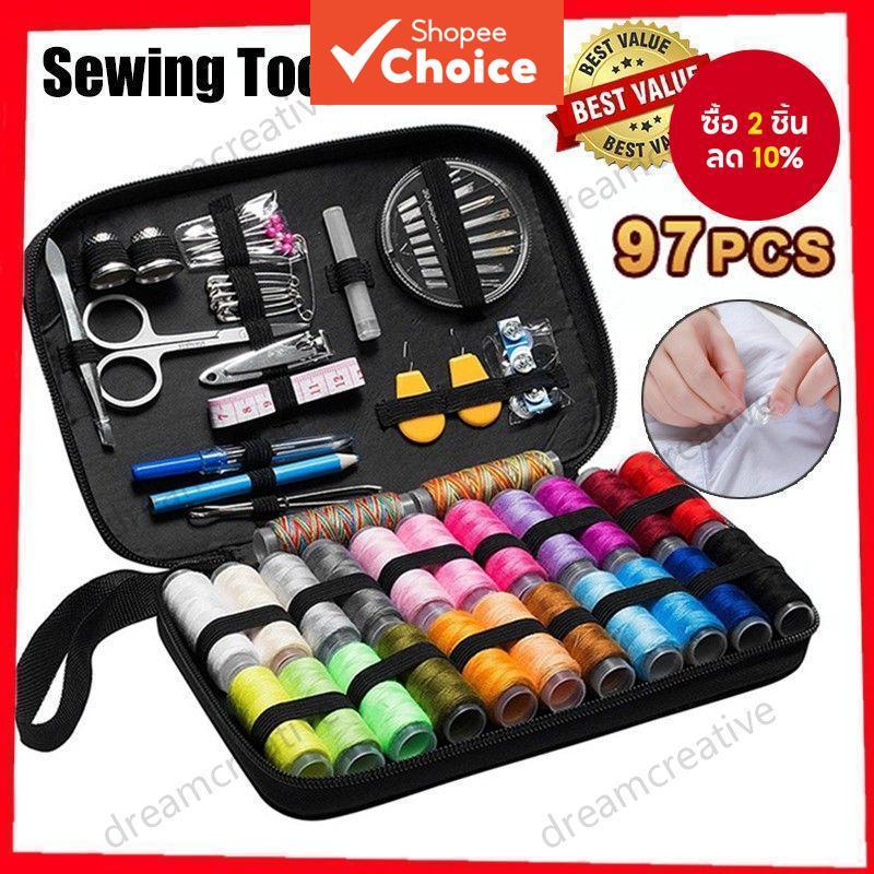 ชุดเย็บผ้า DIY กล่องเย็บผ้ามัลติฟังก์ชั่นชุดสายเข็มปุ่ม Threader กรรไกร Pins ไม้บรรทัดชุดอุปกรณ์เสริมสําหรับมือควิลท์เย็บด้ายเย็บปักถักร้อยเย็บ-100 ชิ้น