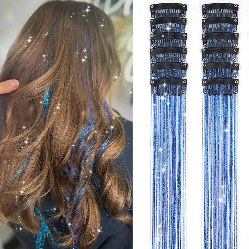 สีสัน Glitter Fairy Hair Extensions 12 ชิ้น Clip-in ผม Tinsel Pack Dazzle Party อุปกรณ์เสริมสําหรับผู้หญิงเด็กผู้หญิงเด็ก