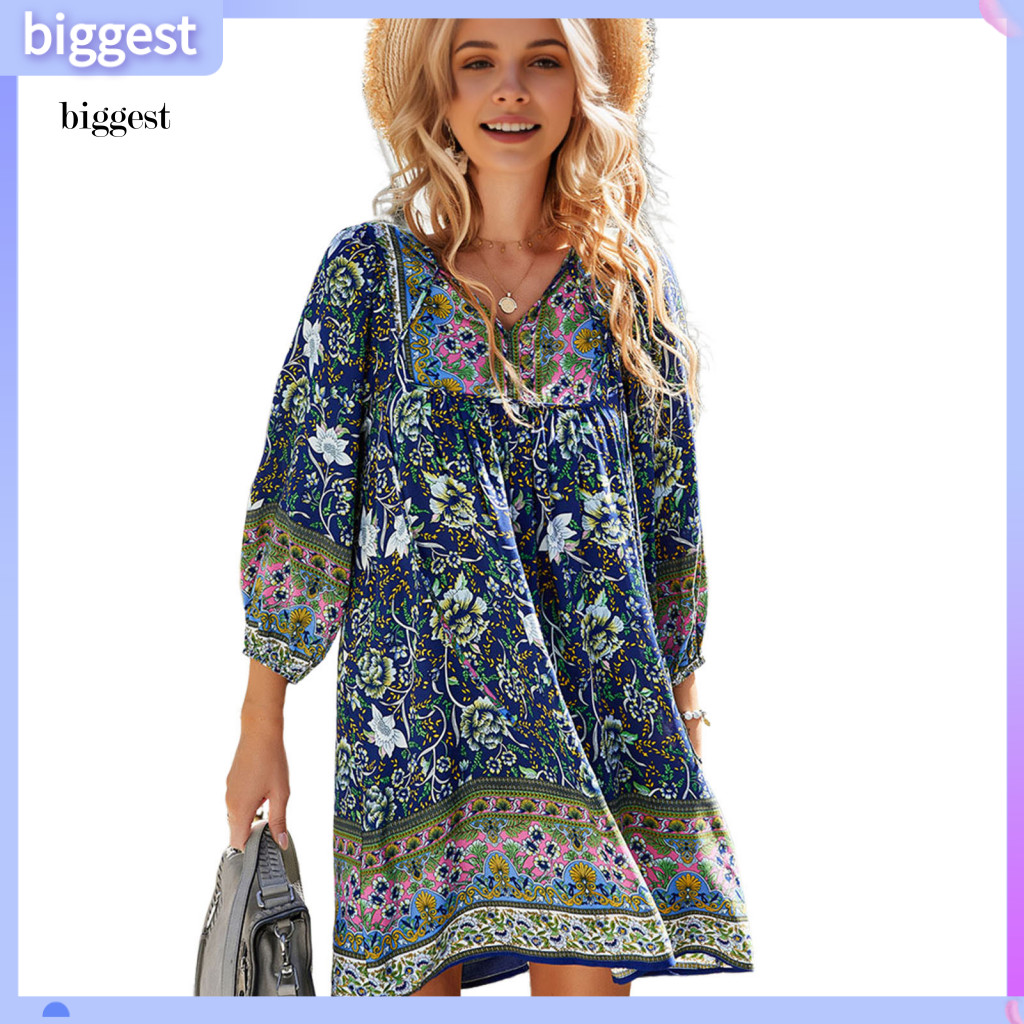 BGT Resort Wear ชุดพิมพ์ลายดอกไม้ Boho ดอกไม้พิมพ์ V คอ Lace-up มินิเดรสสําหรับฤดูร้อนชายหาดวันหยุดแ