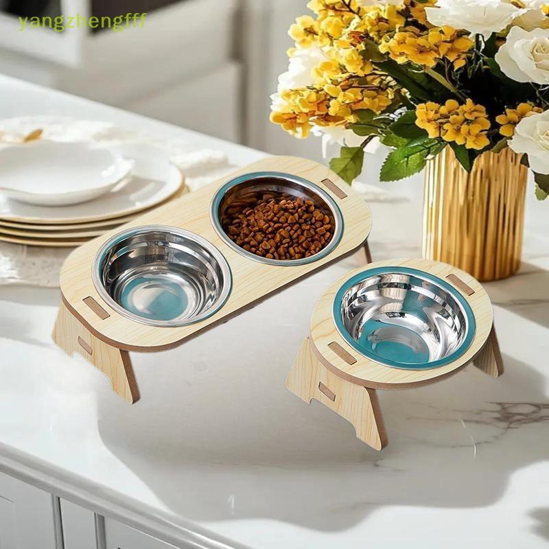 [หยางเจิ้งfff] ชามให้อาหารแมวและสุนัขชามป้องกันปลายชามสัตว์เลี้ยงสแตนเลสพร้อมไม้รองรับการออกแบบป้องก