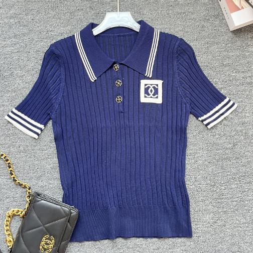CHANEL1177 เสื้อสเวตเตอร์แขนสั้นลําลองคอปกสไตล์ใหม่ผู้หญิง