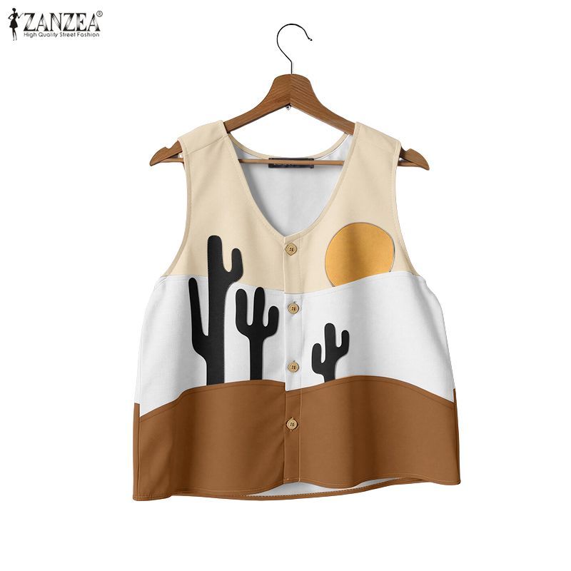 ZANZEA เสื้อกล้ามสีตัดกัน กระดุมสไตล์เกาหลี สำหรับผู้หญิง