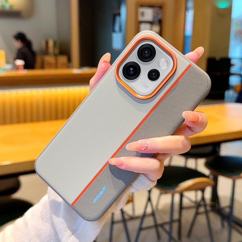 สําหรับ OPPO Reno 15 Pro, 15 กรณี ELVEV Hard PC PU หนังเส้นใยรูปแบบ Anti-slip โลหะขอบฝาครอบโทรศัพท์