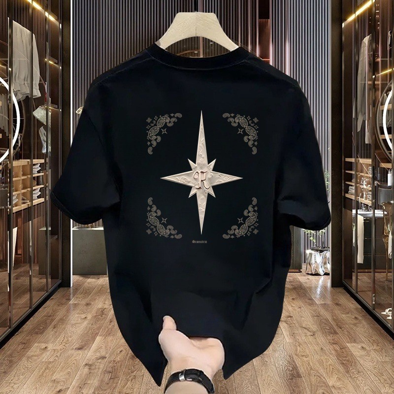 2026 High-Endสินค้ายุโรปเสื้อยืดแขนสั้นผู้ชายสไตล์ใหม่ผ้าฝ้ายแท้พิมพ์เสื้อผ้าCross Slim-Fitรอบคอครึ่