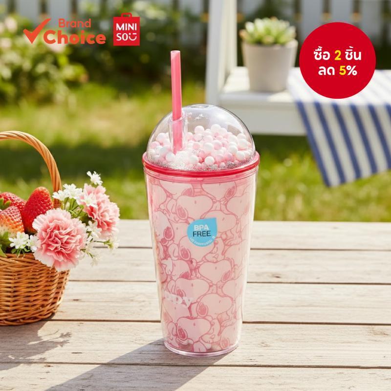 MINISO  ซีรีส์ Snoopy - แก้วน้ําพลาสติกสองชั้นพร้อมหลอดดูด ทนทาน ขนาด 600 มล. ใช้งานได้จริงสําหรับกา