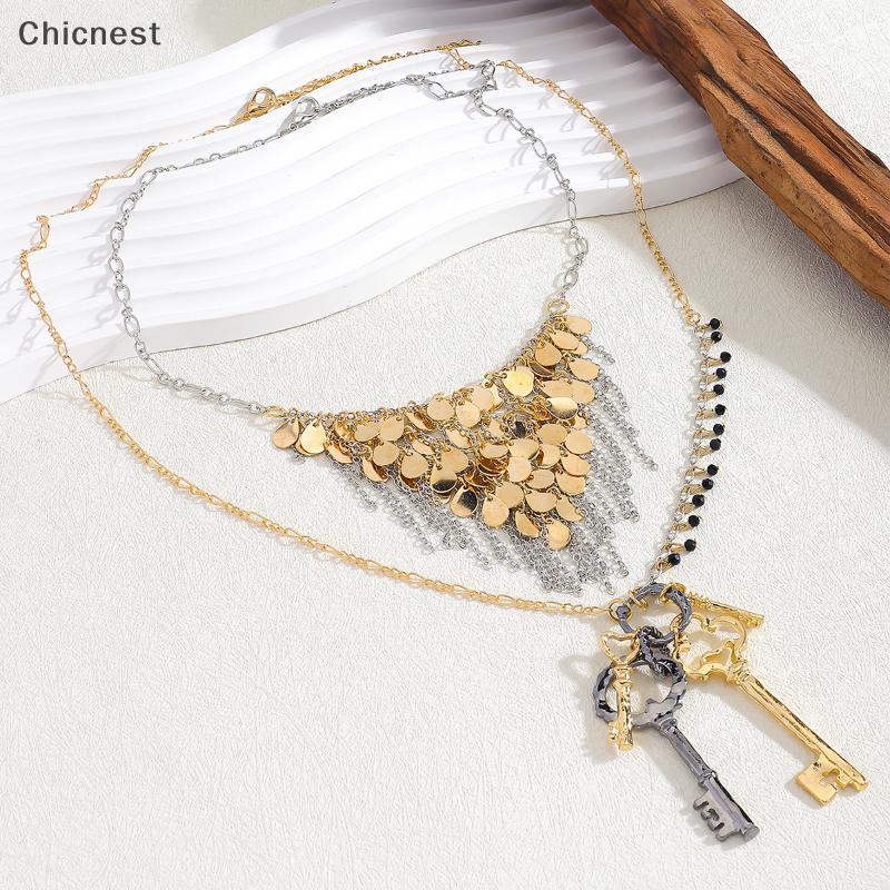 [Chc] 2 ชิ้น/เซ็ตส่วนบุคคลออกแบบรอบแผ่นโลหะน้ําตกเลื่อมสร้อยคอกุญแจสําหรับผู้หญิงแฟชั่นเครื่องประดับ