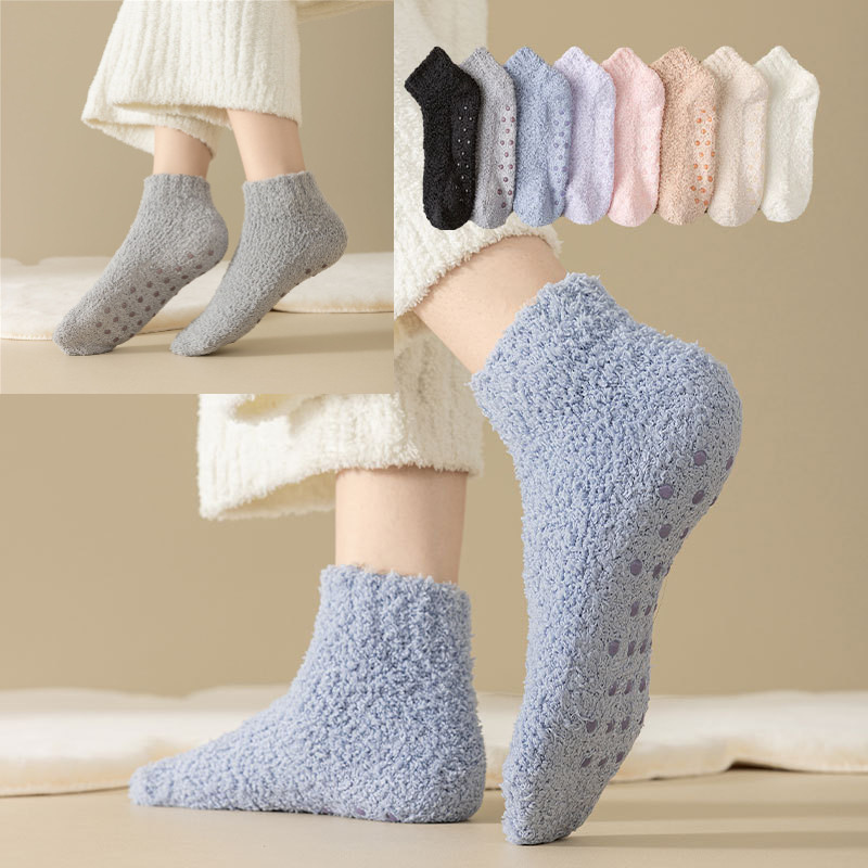 【3 คู่】ถุงเท้าเรือสำหรับผู้หญิง สีทึบปะการัง ทำจากขนแกะ หนาและอบอุ่น มีซิลิโคนกันลื่น