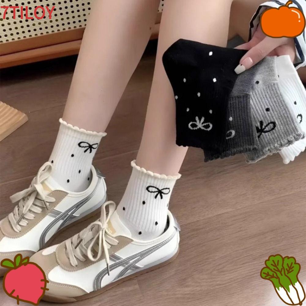 7TILOYSHOP Dot ถุงเท้า, การดูดซึมเหงื่อน่ารักถุงเท้ากลางหลอด, แฟชั่น Breathable สาวของขวัญ Casual Ruffle Dot ถุงเท้าสําหรับผู้หญิง