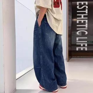 กางเกงยีนส์เด็กชายทรงแบ็กกี้ ขากว้าง ทรงหลวม เท่สายสตรีท Oversize สไตล์เกาหลี กางเกงยีนส์เด็กชายขาบานแนวฮิปฮอป WT12