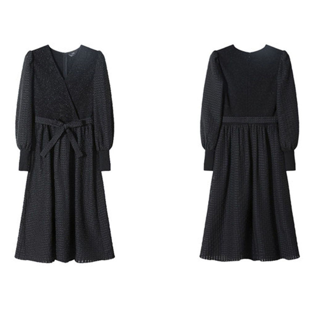 ราคาเคาน์เตอร์ 1159 [YU] Cut Label เสื้อผ้าผู้หญิงอารมณ์ V คอถักเย็บกระโปรงยาวผูกเชือก 22681/C-731