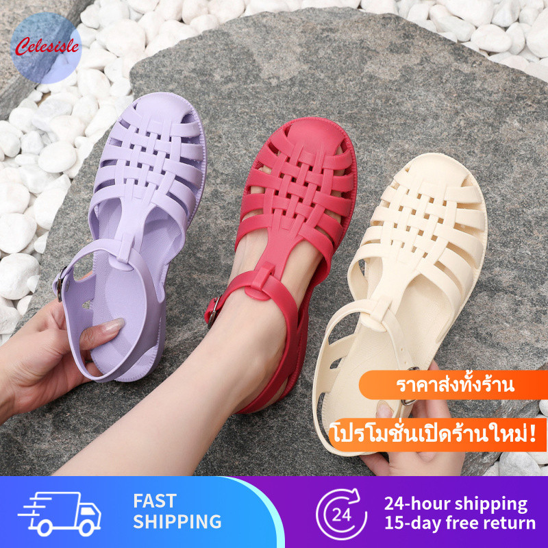 รองเท้าแตะสตรี ส้นแบน หัวเข็มขัดวุ้น สบาย ชายหาด ท่องเที่ยว| MP2 WS1 AU1 FLW1