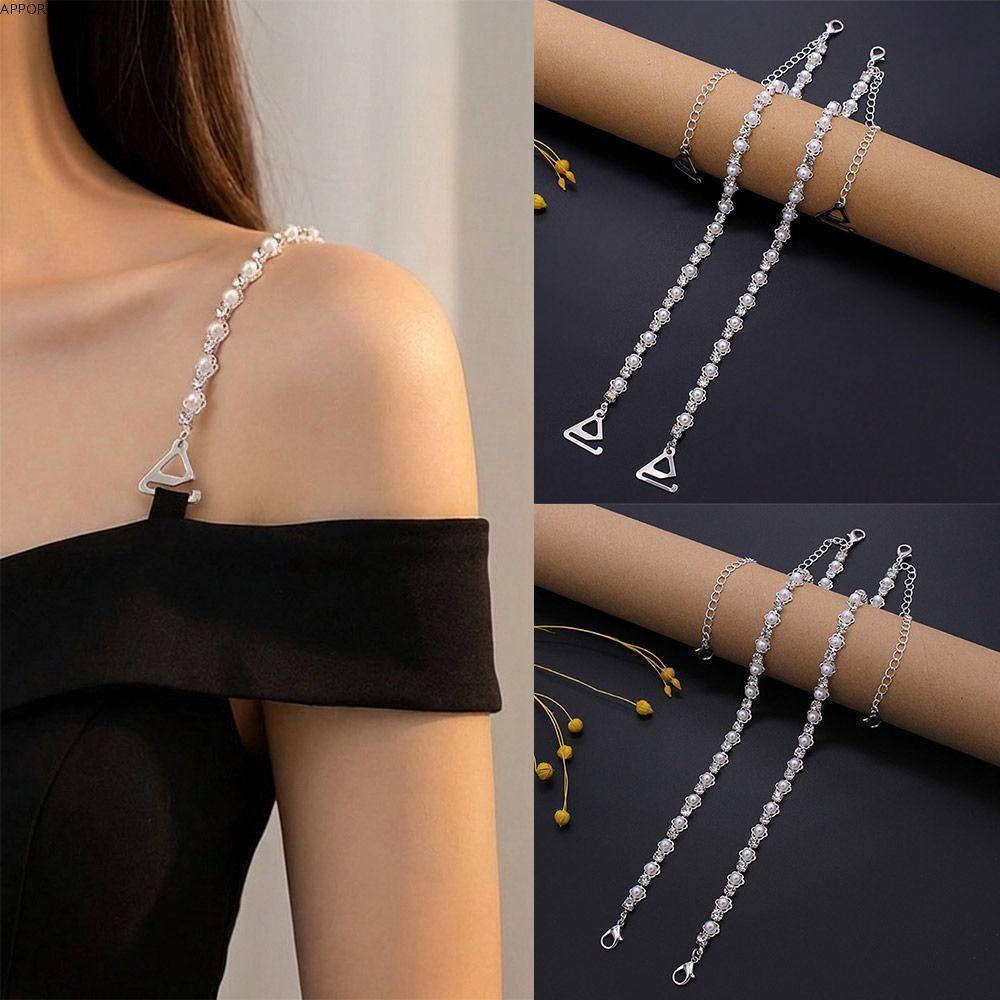 APPORTUNIAXE ผู้หญิง Bras สายรัด, Rhinestone Pearl Aniti-slip ชุดชั้นในสายรัด,โลหะเงาปรับชุดชั้นในอุปกรณ์เสริมสายคล้องไหล่สําหรับชุด