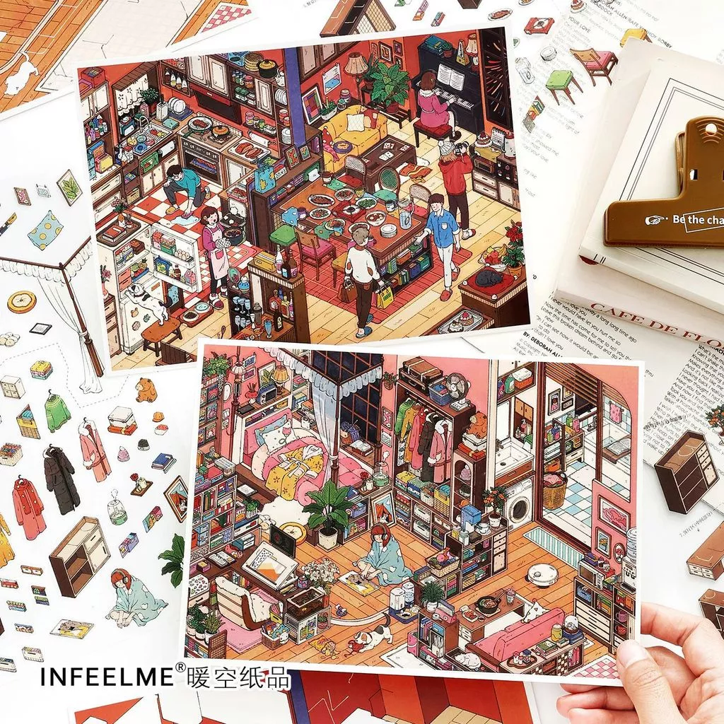 Idako [My Cabin No. 32] ขนาดใหญ่ 4 ชิ้น Cabin Warm Storage 2.5D ภูมิทัศน์สติกเกอร์ Creative diy Decompression SS962