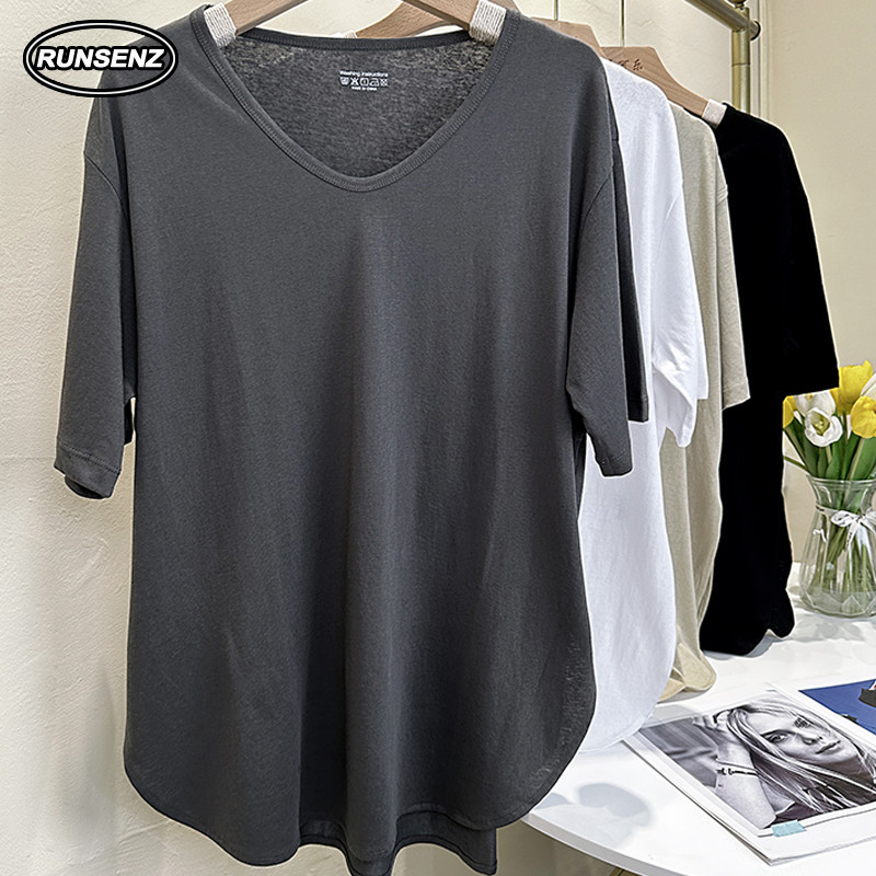 M-4XL Slit V คอด้านบนผู้หญิงขนาดบวก Minimalist Plain Oversize เสื้อยืดแขนสั้น
