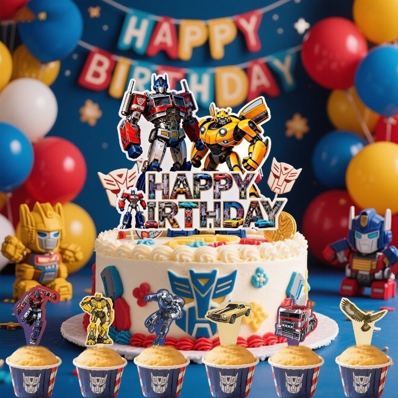 Transformers Themed Birthday Cake Topper Set, Optimus Prime & Bumblebee Picks