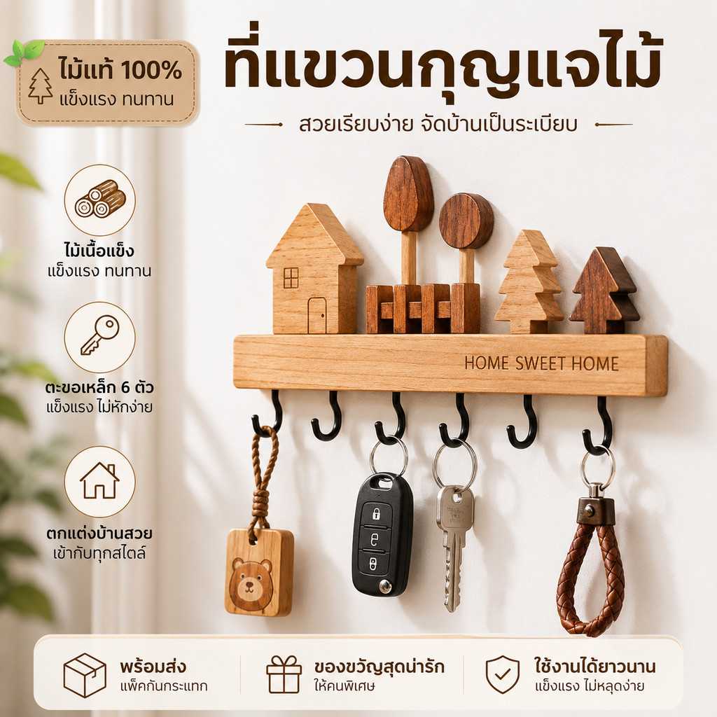 ชั้นวางของและตะขอแขวนกุญแจติดทางเข้าบ้าน ทำจากไม้ ติดตั้งโดยไม่ต้องเจาะผนัง ไม่ทำให้ผนังเสียหาย ใช้ตกแต่งบ้านได้สวยงาม