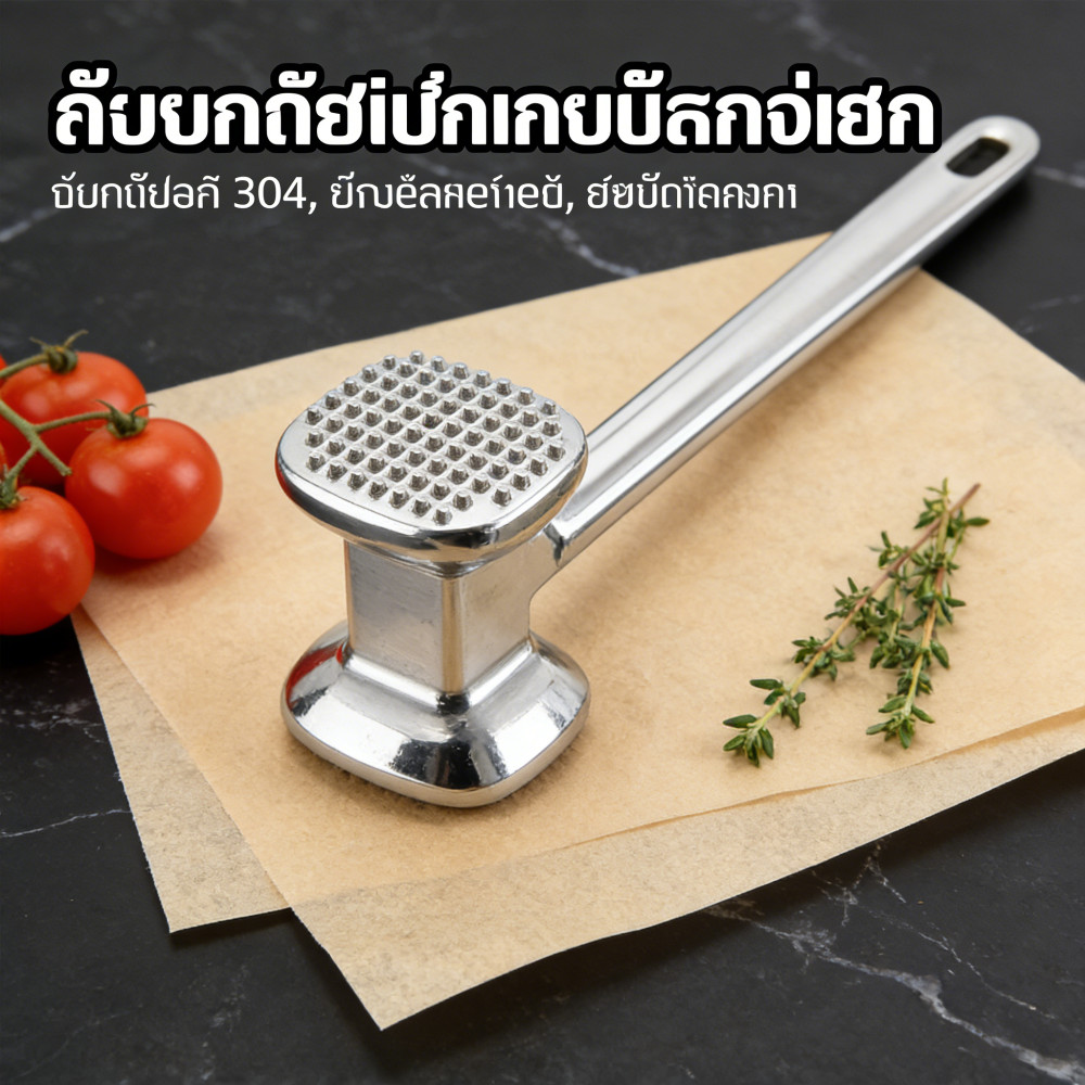 "ค้อนเนื้อสน สแตนเลส 304 ตีเนื้อนุ่ม ลงทุบเนื้อ และทำสเต็ก"
