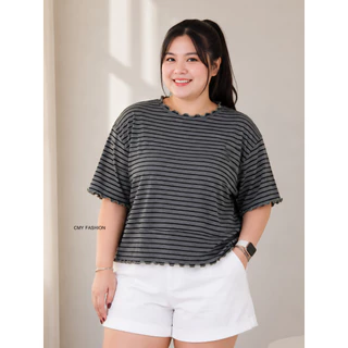 เสื้อยืดสาวอวบ คอแต่งระบาย ลายริ้ว เนื้อผ้านิ่ม ใส่สบาย ระบายอากาศดี สไตล์มินิมอล สาวอวบใส่สวย tb8202#