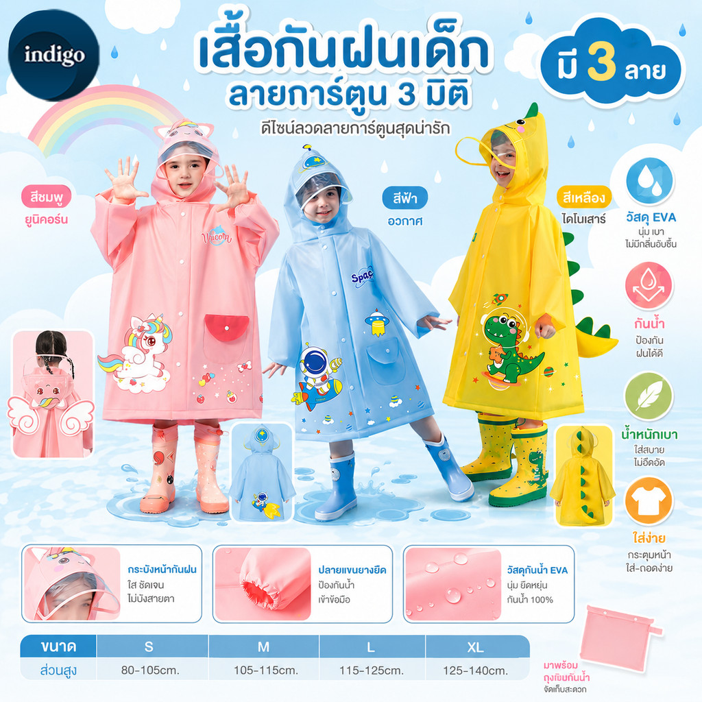 เสื้อกันฝนซิปกันน้ำสำหรับเด็ก เสื้อกันฝนเด็กชายหญิง 2-7 ขวบ หมวกปีกใหญ่ขึ้น ลายการ์ตูนน่ารัก เนื้อผ้าหนา