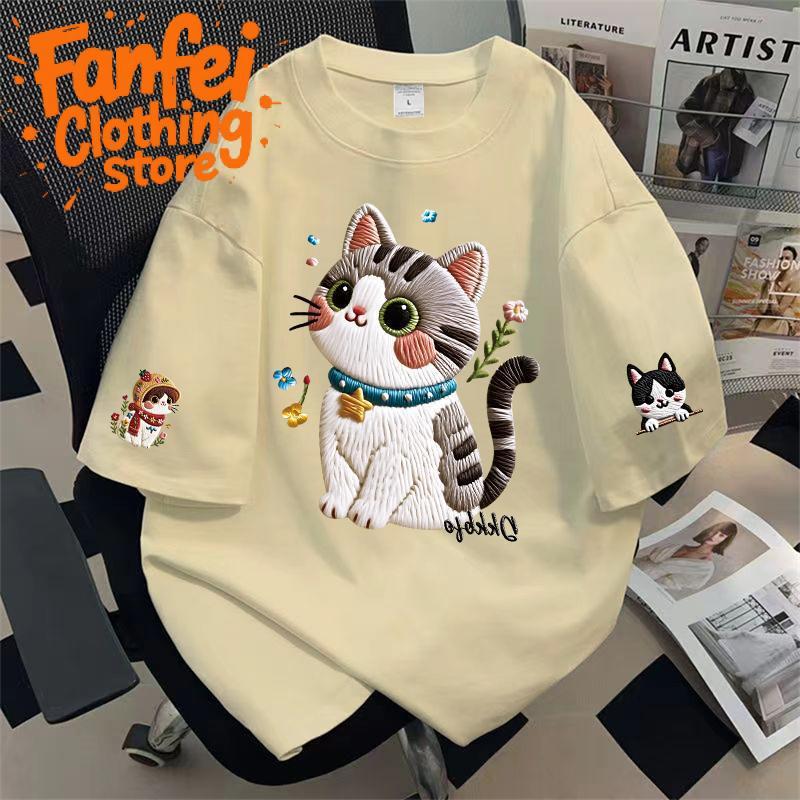 COD จัดส่งตลอด 24 ชั่วโมง Fanfei เสื้อยืดคอกลมแขนสั้นผ้าฝ้ายแท้ ลายน่ารัก สไตล์แฟชั่นใส่สบาย