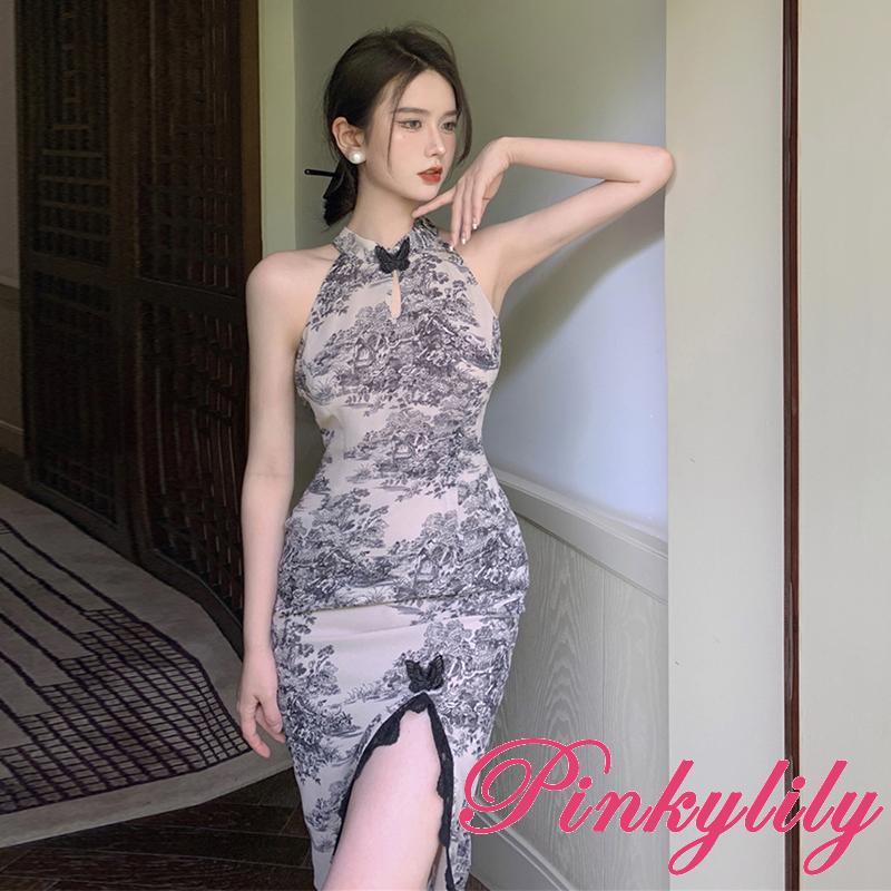 ผู้หญิงฤดูร้อน Midi Cheongsam ชุดแขนกุดภาพวาดภูมิทัศน์พิมพ์สูงแยกสไตล์จีน Qipao ชุด