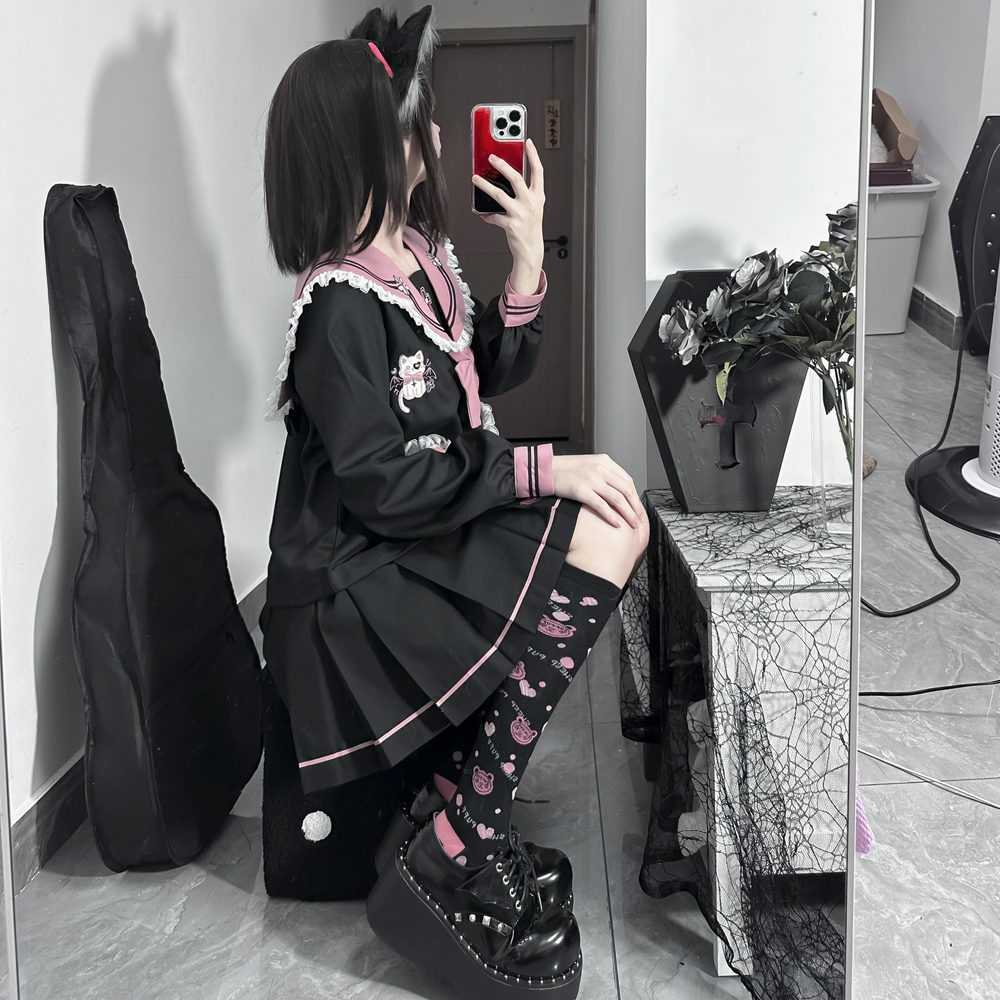 ชุดJKสไตล์หมีเติมเต็ม Sweet Sound Meow สีดำและชมพู ชุดเครื่องแบบน่ารักสำหรับฤดูใบไม้ผลิ