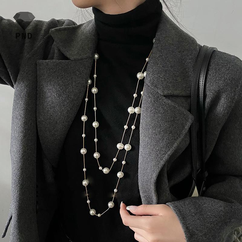 PND Elegant Double Layer จําลอง Pearl เสื้อกันหนาวสร้อยคอผู้หญิงหญิงคอสร้อยคอโซ่ยาว raoog