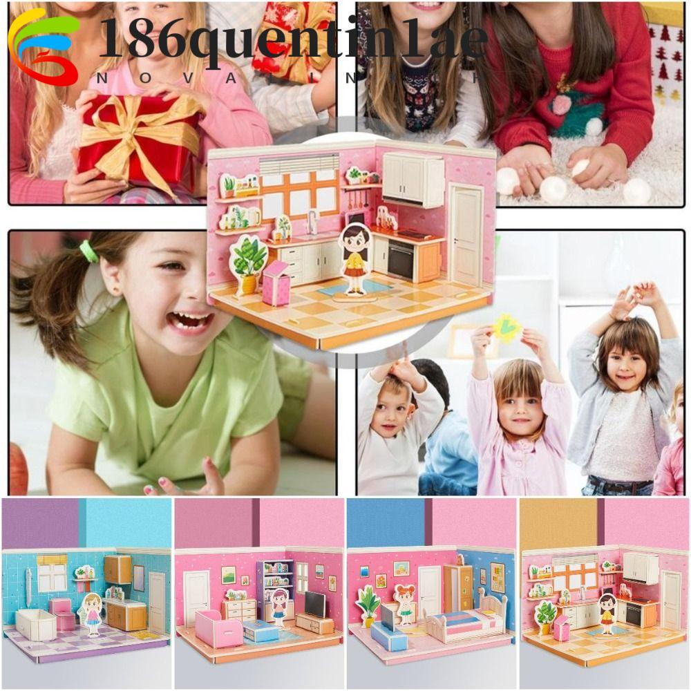 QUENTIN1AE 3D Room รุ่นปริศนาของเล่น,กระดาษแข็งของเล่น 3D Room กระดาษแข็ง, 3D สเตอริโอปริศนาห้องครัว