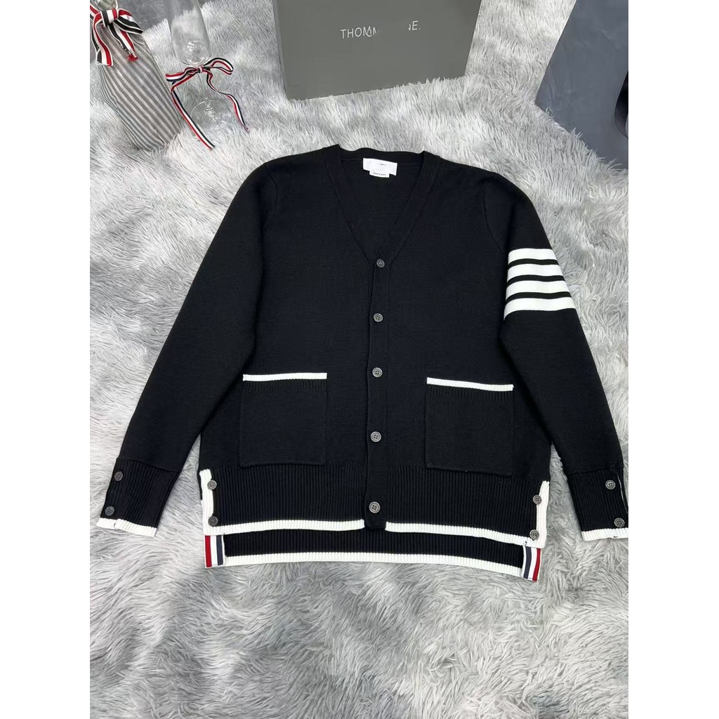 HI8J TB# Cardigan Unisex Casual Knitted Striped v Versatile Striped Four-Bar Cardigan Jacket