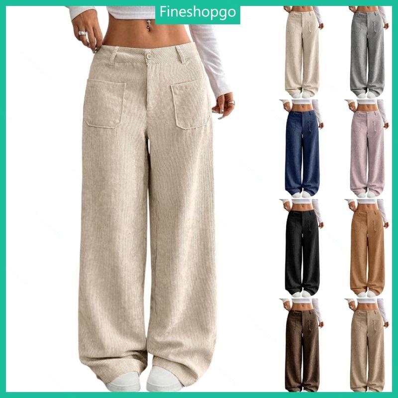 Fine Corduroy Pts สําหรับผู้หญิงลําลองเอวติดกระดุมยืดทรงหลวมขากว้าง Pts พร้อมกระเป๋า