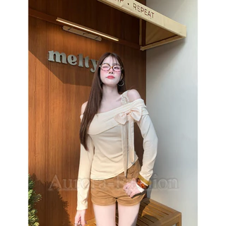 Aurora🛒พร้อมส่ง🚚 (รูปถ่ายจากงานจริง) เสื้อแขนยาวเปิดไหล่สีพาสเทล ดีเทลแต่งโบว์
