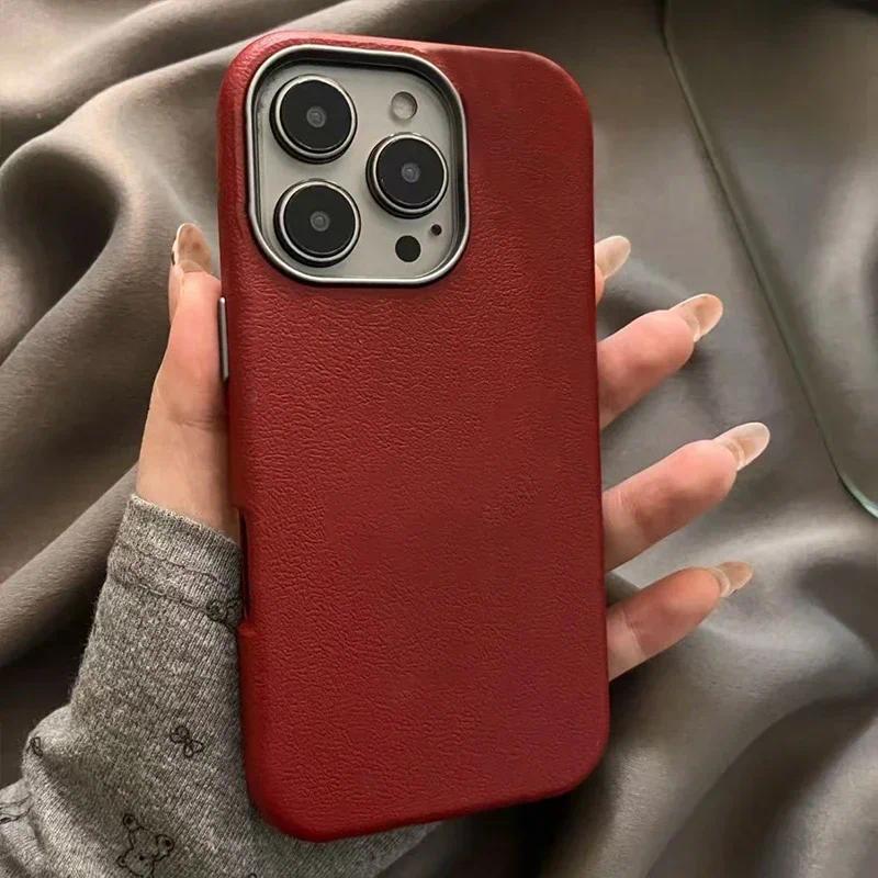 แฟชั่น Retro Simple Wine Red สีสําหรับ IPhone 15 11 16 13 14 12 Pro Max 15 16 14 Plus กรณีโลหะ