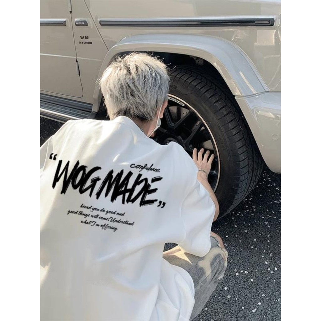 เสื้อยืดแขนสั้นผู้ชายสไตล์อเมริกัน WOG MADE ดีไซน์พิมพ์ลายคอกลมลําลองแฟชั่นขนาดบวก lelaki Cotton