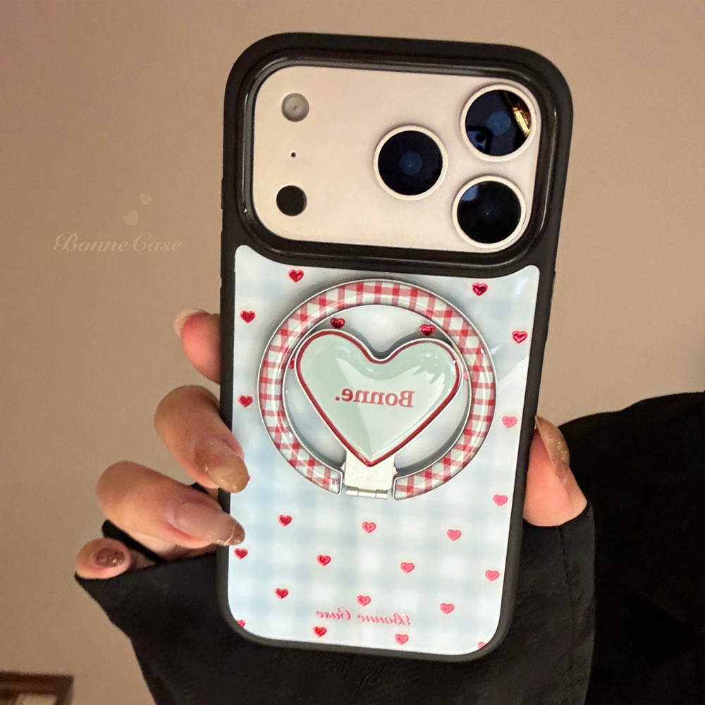 Ins Red Love Heart Shaped ขาตั้งแม่เหล็กพับได้ผู้ถือ iPhone Case สําหรับ iPhone 17 Pro Max 17 Pro 17 Air 17 16 15 14 13 Scratch Resistance Hard PC ฝาหลัง