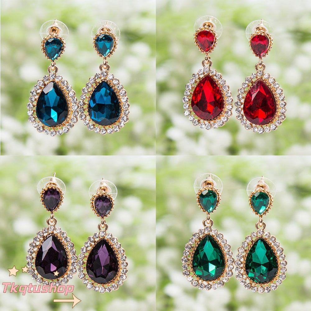 IMIHAN1 ต่างหู Rhinestones หยดน้ําเงาเต็มเจาะต่างหูยาวย้อนยุค