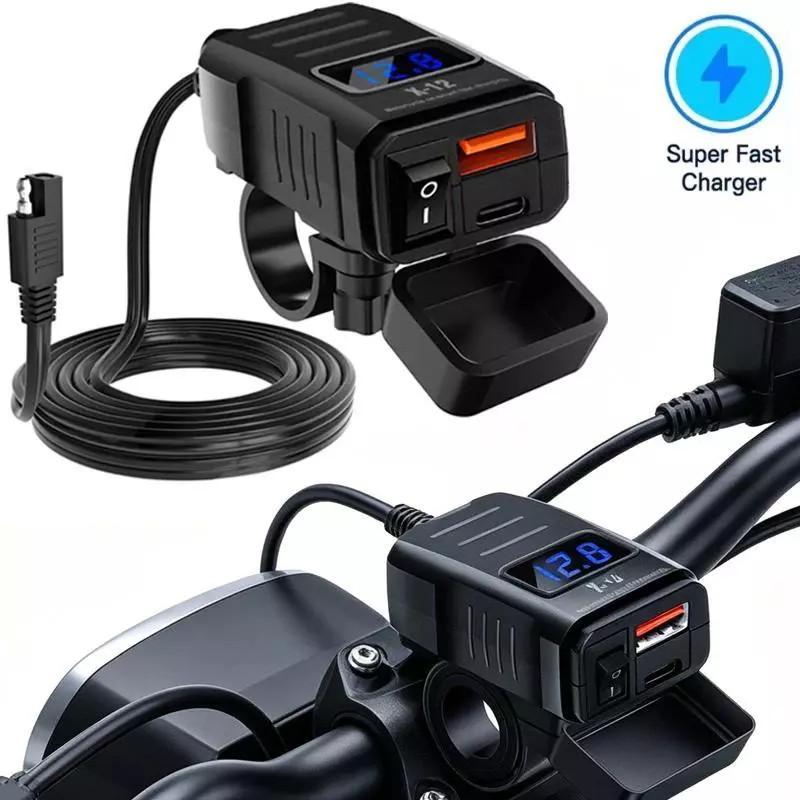 Pd QC3.0 รถจักรยานยนต์ USB เครื่องชาร์จไฟมอเตอร์ไซค์แบบเร็ว ซ็อกเก็ตพอร์ต Type C จอแสดงผลโวลต์มิเตอร์พร้อมสวิตช์