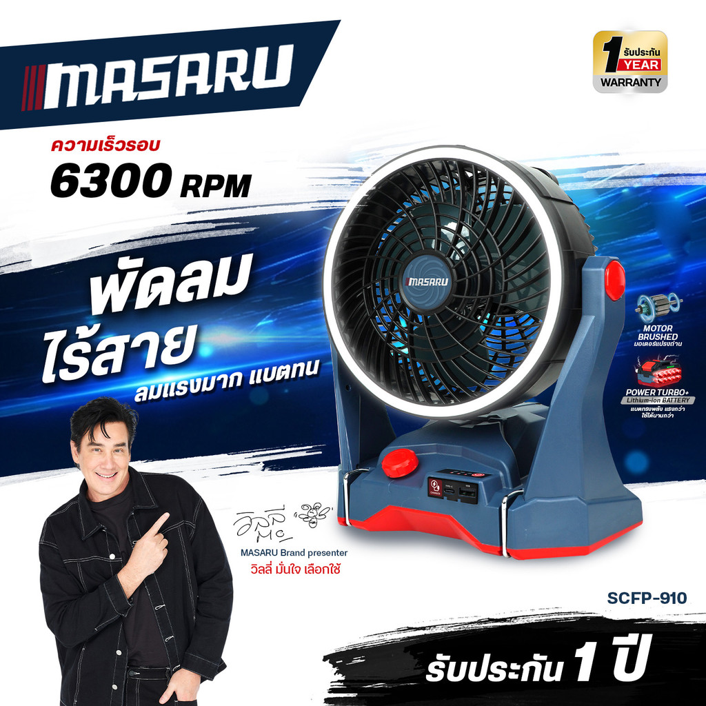 ( LIVE เท่านั้น! ) MASARU พัดลมไร้สาย 10 นิ้ว แบตเตอรี่ 20V รุ่น SCFP-910 ปรับแรงลมได้ 3 ระดับ