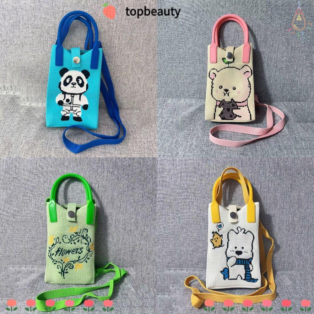 Topbeauty กระเป๋าถือถัก, กระเป๋าข้อมือลายการ์ตูนน่ารัก, กระเป๋าโทรศัพท์มินิความจุสูงถักนักเรียน