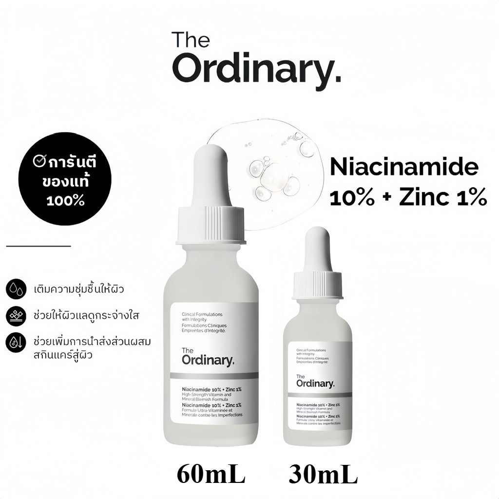 The Ordinary Niacinamide 10% + Zinc 1% 30/60ml เซรั่มลดสิว คุมมัน กระชับรูขุมขน ผิวกระจ่างใส