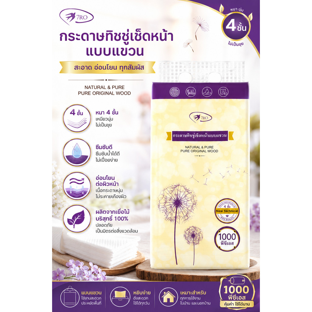 7RO กระดาษทิชชู่เช็ดหน้าแบบแขวน 1000 ชิ้น ผลิตจากเยื่อไม้บริสุทธิ์ ธรรมชาติและบริสุทธิ์ ดูดซับน้ำได้ดี นุ่มสบายต่อผิว
