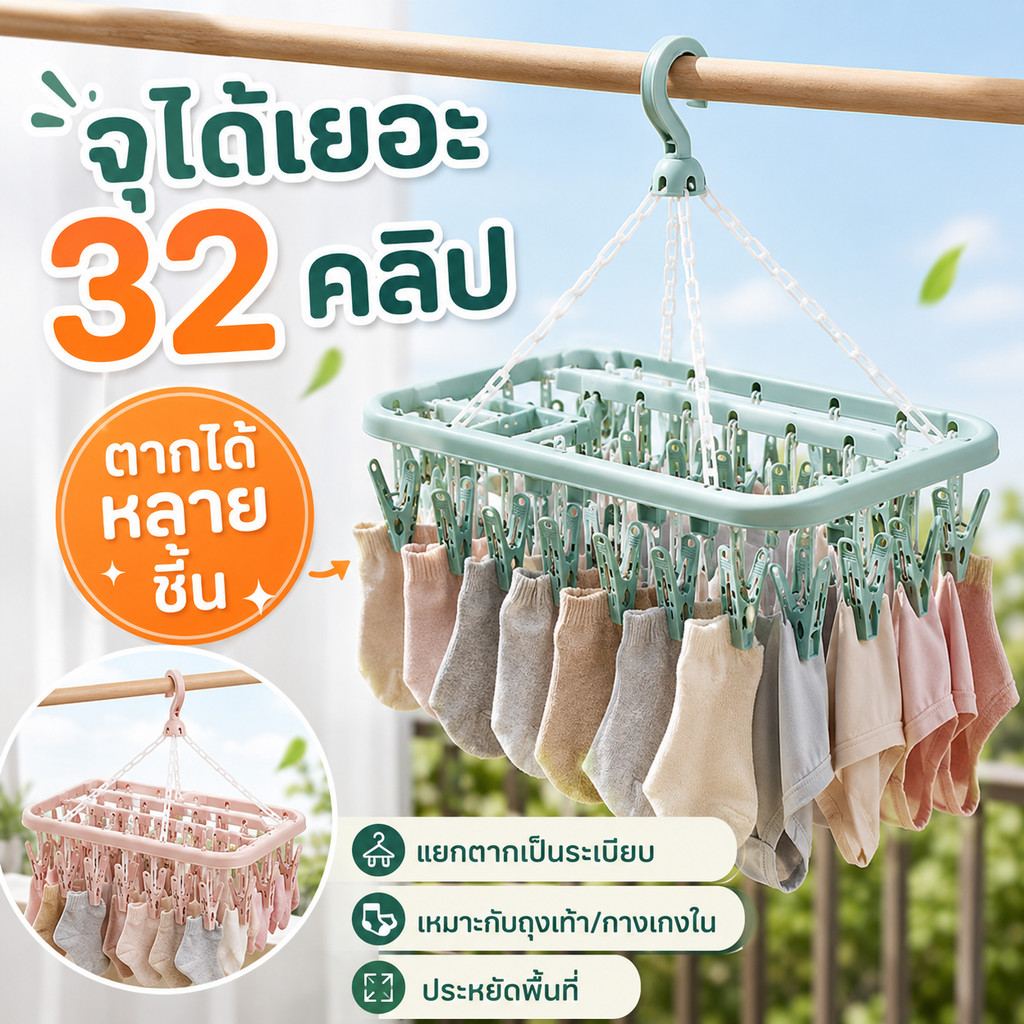 ราวตากผ้าพับได้ 32 คลิป ที่หนีบผ้าแขวนตากถุงเท้า ชุดชั้นใน ผ้าเด็ก ตะขอกันลม หมุนได้ 360°