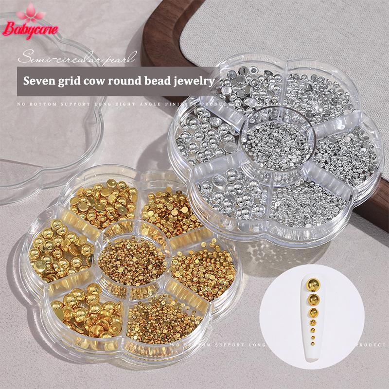 <BYCE-t> 7 กริด Silver Gold Pearl Nail Art ตกแต่งสีขาวครึ่งรอบด้านล่างแบนขนาดผสมเล็บ Diy อุปกรณ์เสริม